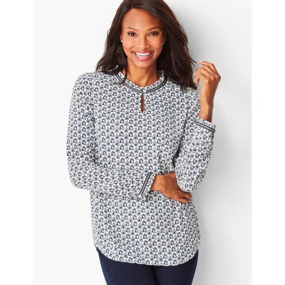 Talbots Grosgrain Trim Crinkle Blouse Medium Birdcage Print Blue - Picture 1 of 10